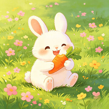 A charming illustration of an adorable white bunny happily munching a fresh carrot in a vibrant spring meadow with colorful flowers and green grass, radiating joy