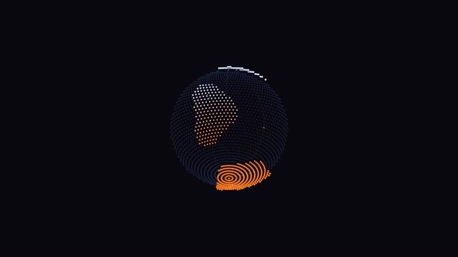 Futuristic digital earth globe with glowing orange data particles, rotating 3D world map on black background, global network and technology concept
