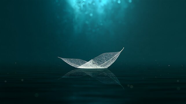 A delicate, translucent skeleton leaf shaped like a small boat floating on a dark, calm, teal-colored water surface with light reflections