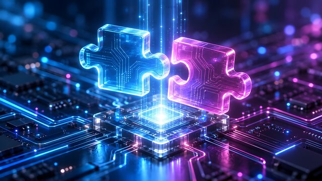 Glowing digital puzzle pieces connecting on a motherboard circuit representing system integration and software compatibility