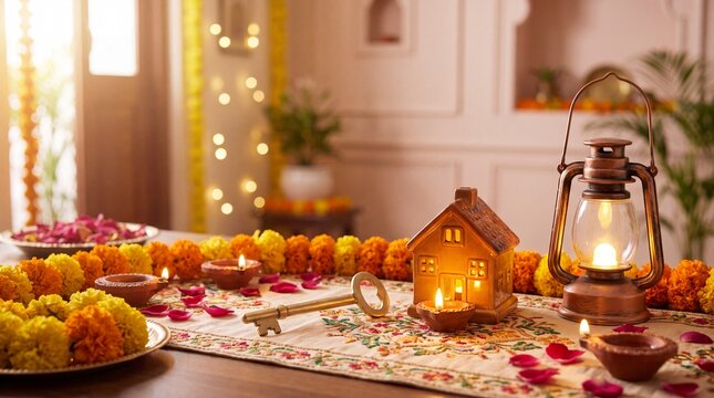 Diwali Lit oil lamps and a metal key on a table decorated with marigold flowers with marigold garlands rose