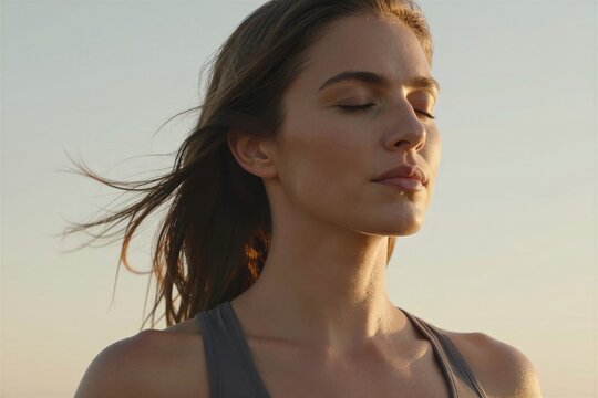 Captures Close Portrait Of Woman To Golden Hour Judging By Warm Soft Lighting Bathes Gazing Side With Eyes Closed Conveying Sense