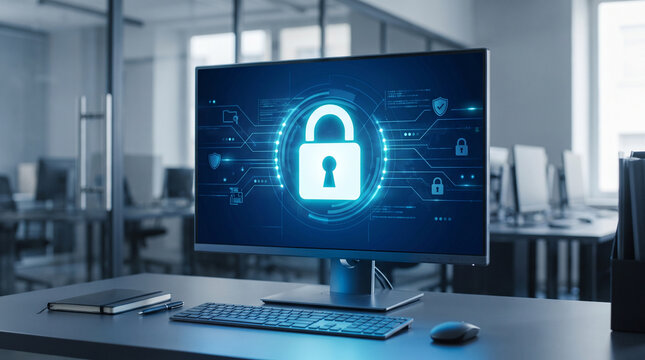 Digital lock icon on a computer screen representing Cyber Security Awareness Month  