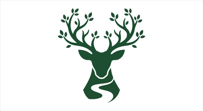 Majestic Deer Head with Antlers Transforming into Tree Branches and River.