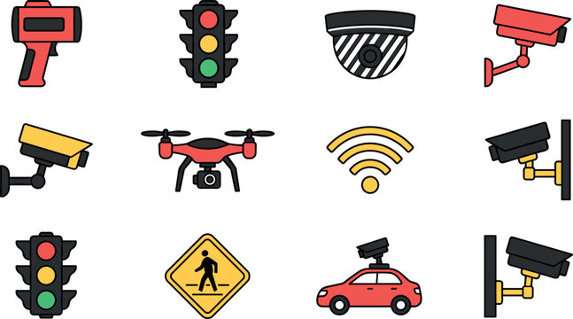 Security and traffic monitoring vector icon set featuring surveillance cameras drone wifi signal traffic lights speed gun and pedestrian sign
