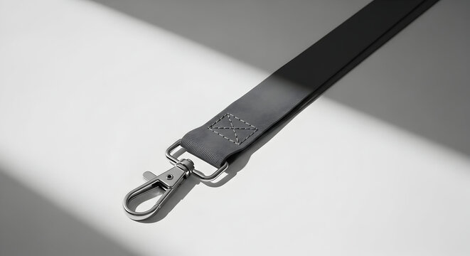 Black Dog Leash with Metal Clip and Textured Handle Under Dramatic Lighting and Shadows in Minimalist Studio Setting
