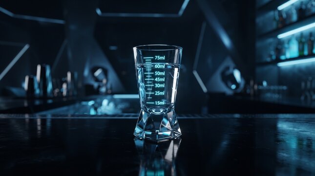 Futuristic bartender measuring glass with precise graduations, electric cyan illumination and ice blue reflections on a glossy obsidian counter.
