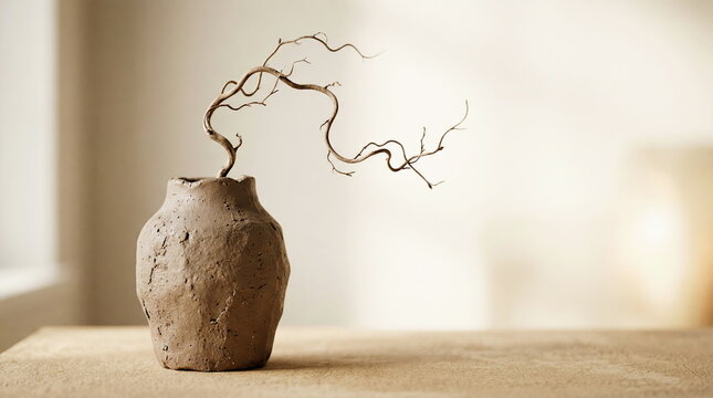 Clay vase displaying twisted dried branches on neutral table in minimalist setting for natural home decor.
