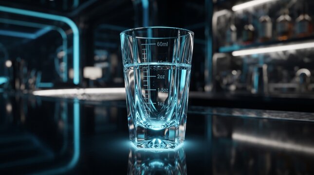 Faceted crystal bartender measuring glass with electric cyan refraction and ice blue base illumination in a futuristic luxury bar setting.