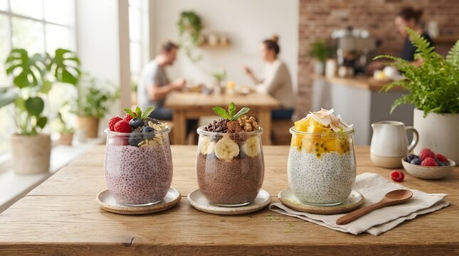 Three Vegan Chia Puddings with Fruit and Cacao Toppings