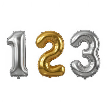 Set of shiny silver and gold foil balloons shaped as numbers one two and three isolated on black