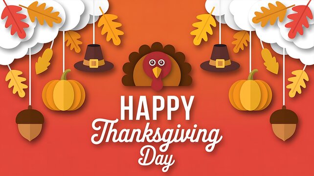 Happy thanksgiving day greeting with turkey pumpkin autumn leaves and seasonal decorations