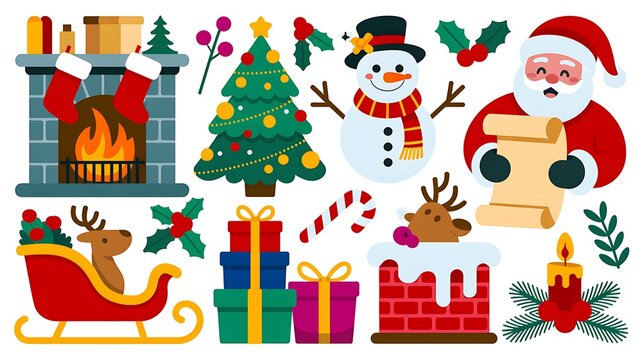 Christmas celebration illustration with santa claus snowman tree gifts sleigh and holiday decorations