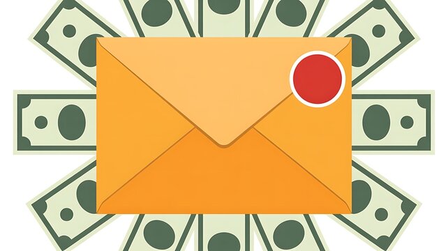 Orange envelope surrounded by dollar bills representing money payment and financial communication