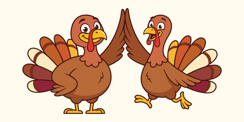 Obraz premium Two happy cartoon turkey characters giving high five festive thanksgiving holiday bird vector illustration design.