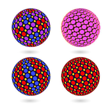 Four polka dot patterned spheres isolated on a transparent background