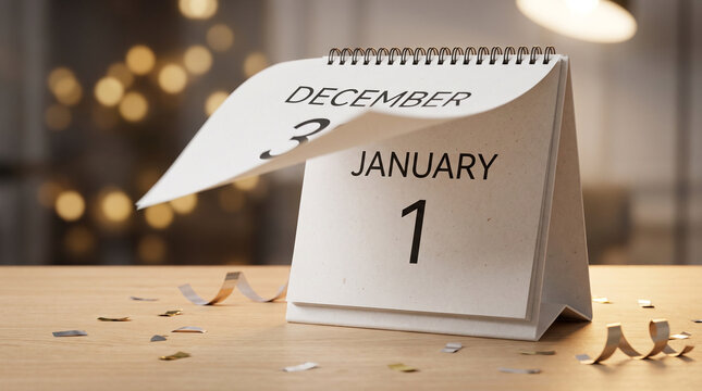 Calendar page turning to January 1st on a wooden table  