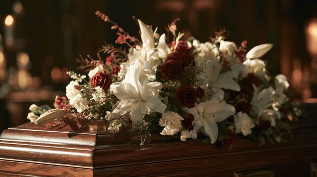 Casket decorated with funeral flowers including lilies and roses, symbolizing remembrance and loss