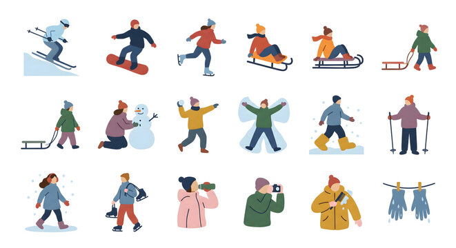 flat vector set of characters enjoying winter outdoor activities including skiing snowboarding ice skating sledding making snowmen throwing snowballs drinking hot beverages and taking photographs