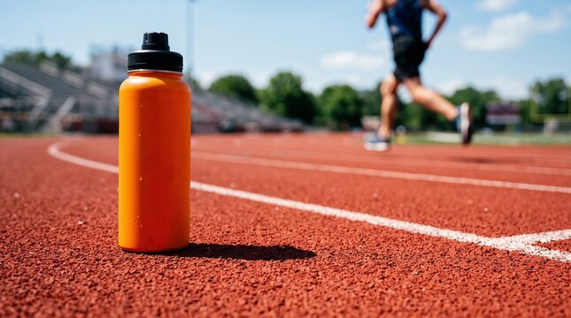 Orange sports bottle on running track, athlete running in background, for hydration and fitness lifestyle.