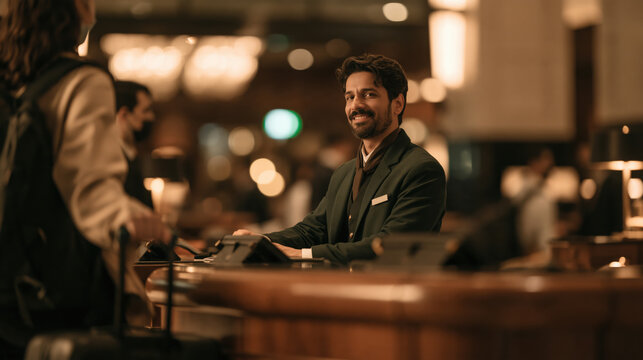 Smiling male hotel receptionist assisting a guest at the front desk