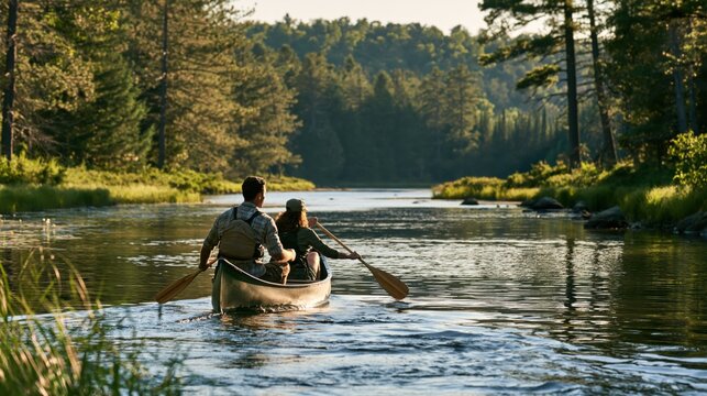 Romantic couple paddling a canoe on a calm river through a lush green forest