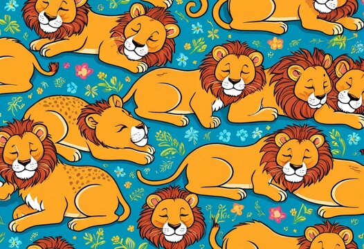 Adorable Cartoon Lions Sleeping on Floral Background Pattern Illustration