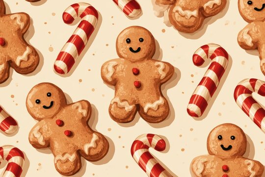 Gingerbread men cookies and striped candy canes forming a festive holiday pattern
