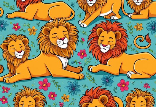 Adorable Cartoon Lions Sleeping and Resting Illustration Seamless Pattern