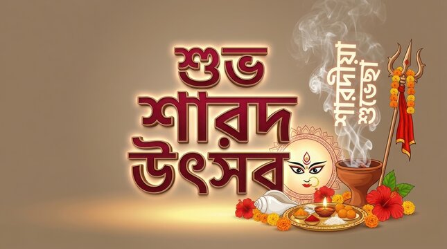 Sharodiya utsav greeting with goddess durga eyes and sacred dhoop incense on golden brown background for festive blessings.