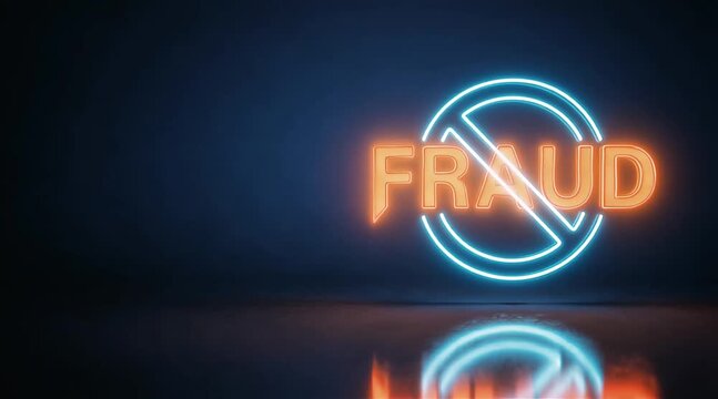 Glowing fraud warning with prohibition symbol for digital scam prevention campaigns