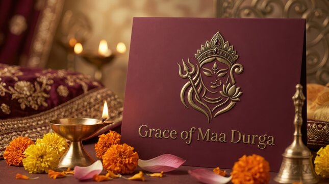 Grace of maa durga golden emblem with marigold flowers and traditional brass lamps for religious prayer card backgrounds.