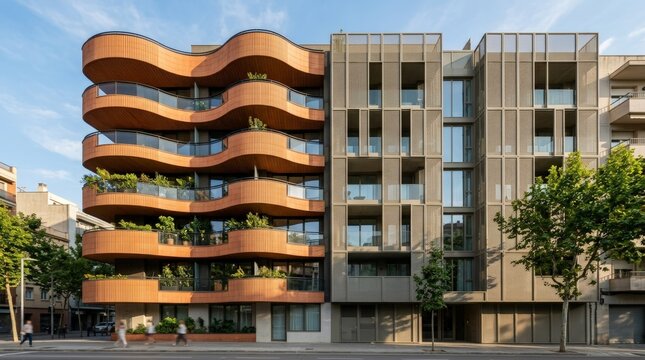 Modern Residential Apartment Building with Curved Wave Balconies and Contemporary Metal Lattice Facade Architecture in Urban City