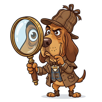 Cartoon bloodhound detective wearing a deerstalker hat and trench coat holding a magnifying glass