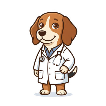 Cartoon beagle dog wearing a white doctor coat and stethoscope standing against a plain background