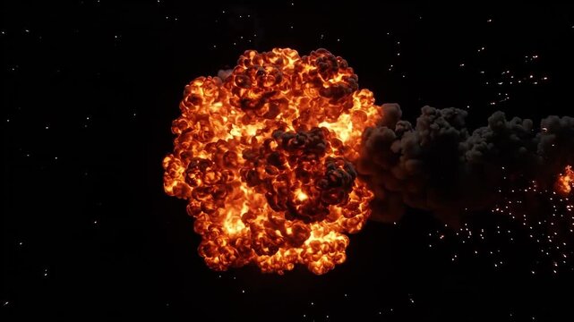 Animated explosion expands from a fiery fireball into a thick smoke cloud. Cinematic blast effect depicting destruction and explosive energy.
