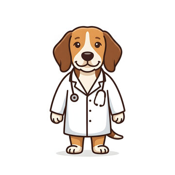 Cute beagle dog dressed as a veterinarian wearing a white lab coat and stethoscope on white background