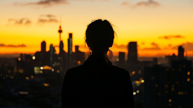 Silhouetted figure contemplates expansive cityscape during vibrant, golden sunset illumination, representing peaceful reflection