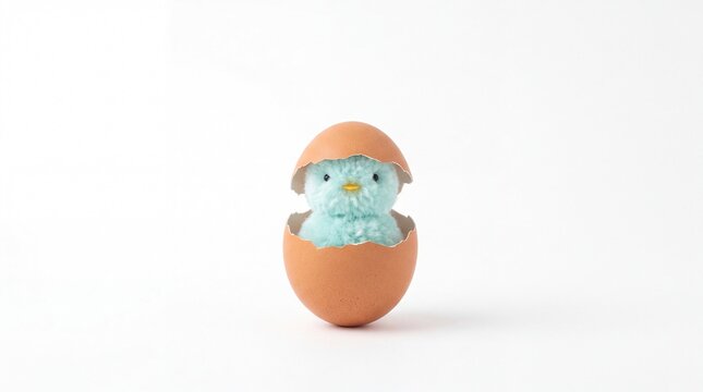 Cute blue chick hatching from a brown egg on a white background.