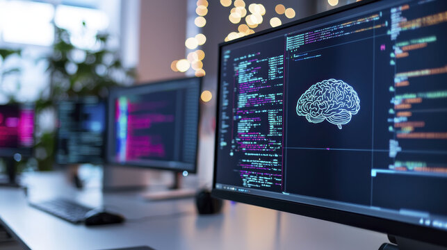 Modern workspace featuring multiple computer monitors displaying coding and glowing brain graphic, symbolizing technology