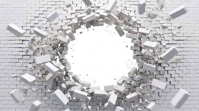 Explosion of white bricks breaking through a white brick wall creating a hole.
