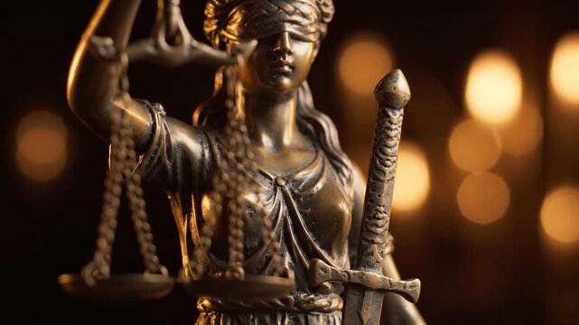 Blindfolded woman statue holding scales and a sword. Legal fairness and judicial authority concept.