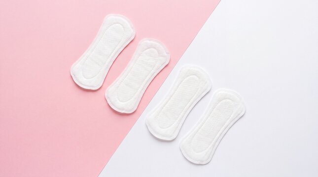Four white feminine hygiene pads arranged on a pink and white background.