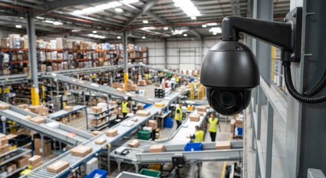 CCTV Security Camera Monitoring Modern Warehouse Logistics Fulfillment Center Conveyor Belts and Workers