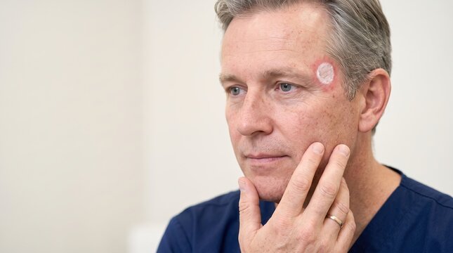 Caucasian man with ringworm skin infection on forehead touching his face