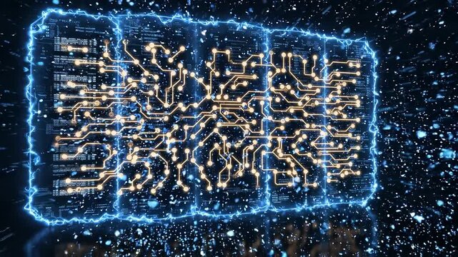 Massive flow of glowing blue digital particles colliding with a hexagonal security barrier in a modern server room, simulating a data transfer