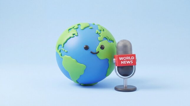 Cute cartoon globe with microphone and world news banner.