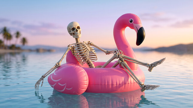 Inflatable flamingo floatie with skeleton lounging on calm tropical water at sunset