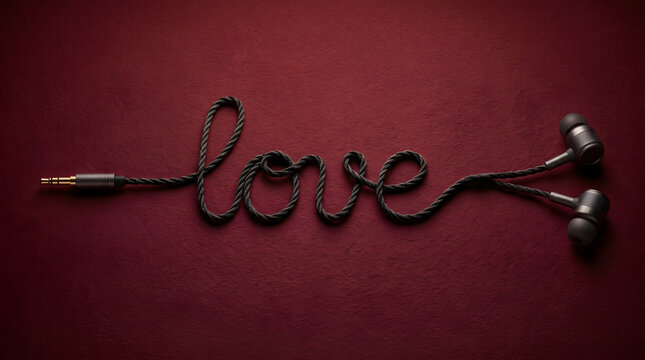 Top view of black in-ear headphones with the braided cord shaped to spell the word love on a textured dark red background, concept of romantic music, passion, and Valentine's Day