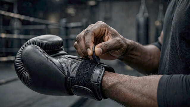 Close up view of Black man adjusting velcro strap on red boxing gloves